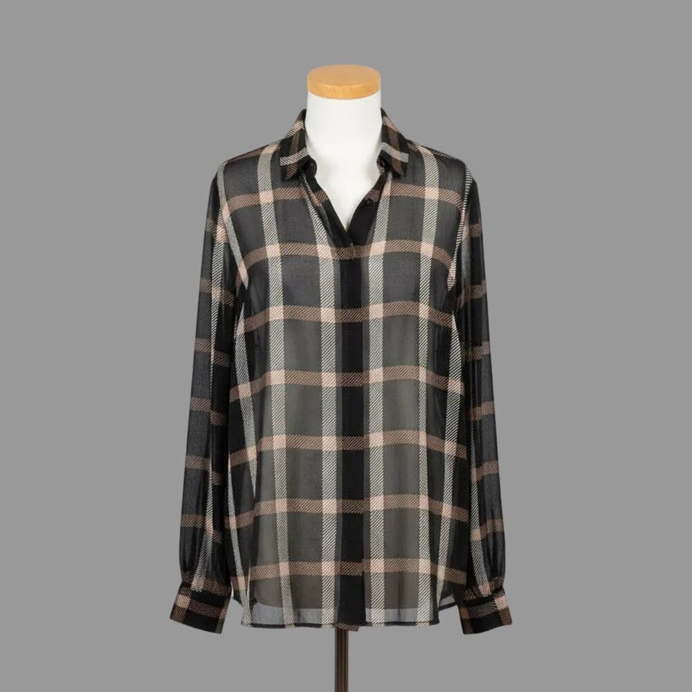 AKRIS black and camel plaid blouse, size 12